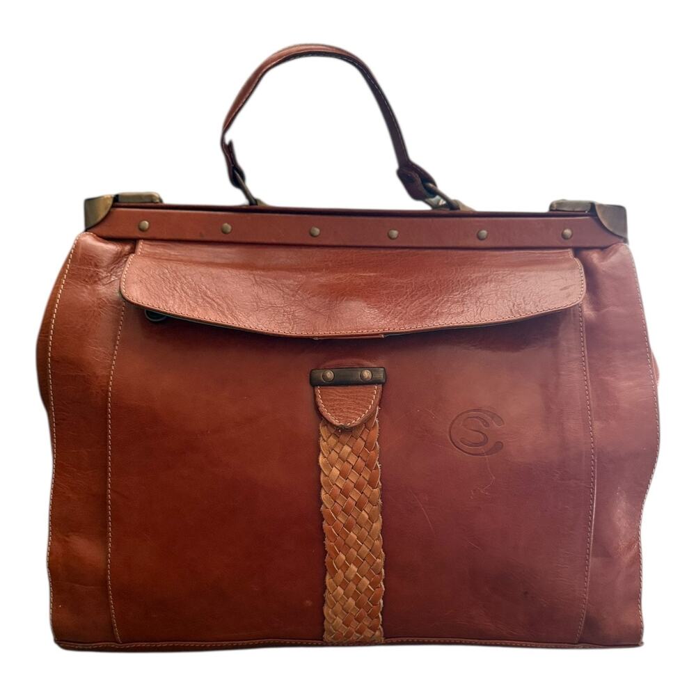 Vintage Brown Leather Frame Satchel Doctor Bag Braided Work Tote Shoulder Bag